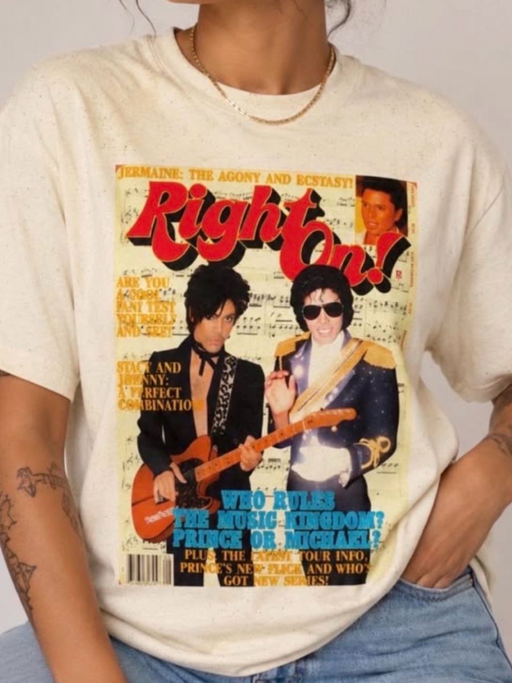 Unisex Michael Jackson and Prince Cream 'Right On!' Retro Music Graphic Tee DTG